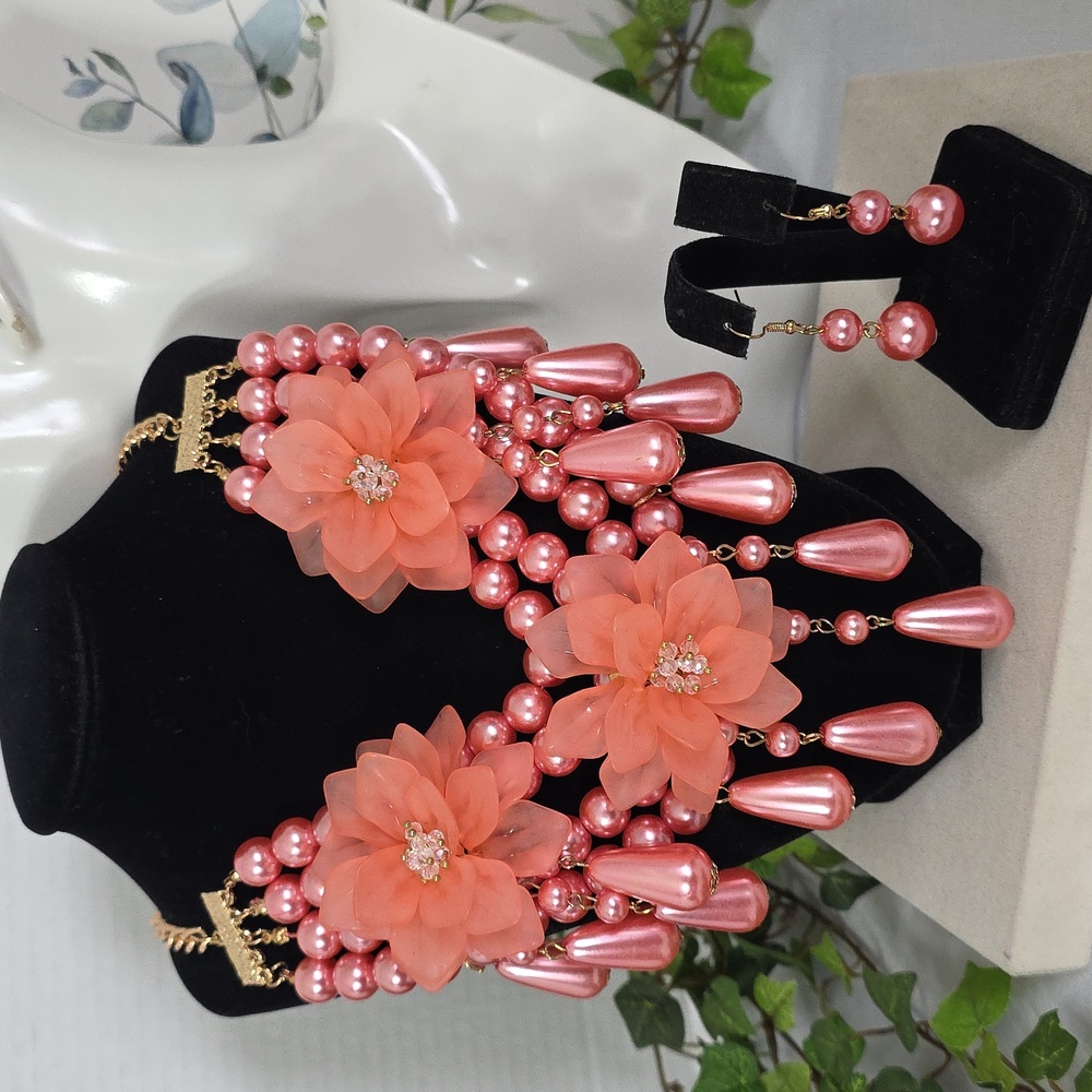 Statement Salmon Multi Strand Pearl Necklace With Flowers and Earrings